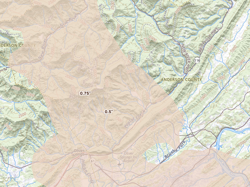 Radar-estimated hail-size map of the storm over Oliver Springs, TN on Aug 17, 2026