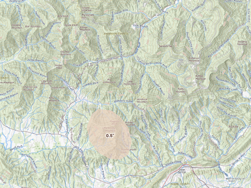Radar-estimated hail-size map of the storm over Oliver Springs, TN