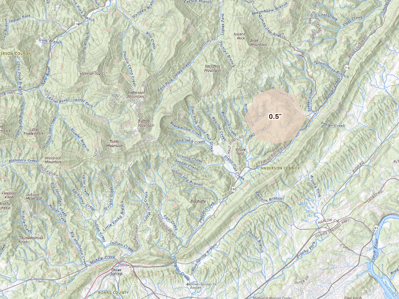 Radar-estimated hail-size map of the storm over Oliver Springs, TN