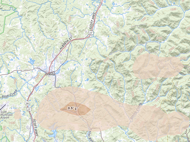 Radar-estimated hail-size map of the storm over Oneida, TN on Aug 17, 2026