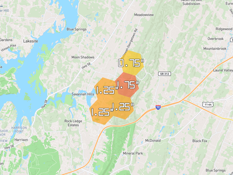 Hail map of Ooltewah, TN on Jul 5, 2026, hail up to 1.75"