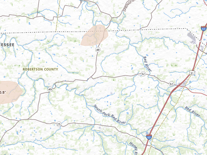 Radar-estimated hail-size map of the storm over Orlinda, TN on Jul 11, 2026