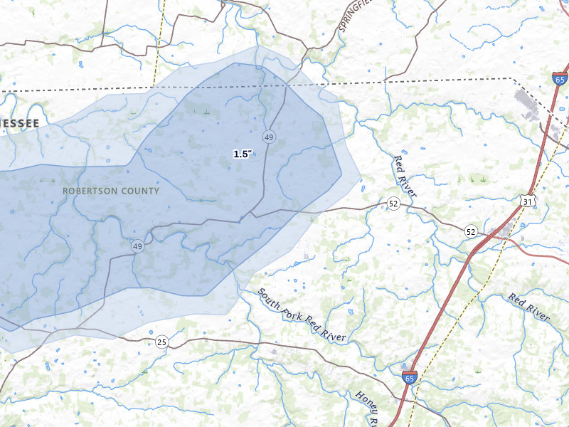 NEXRAD radar-signature map of the hail storm over Orlinda, TN on Jul 11, 2026