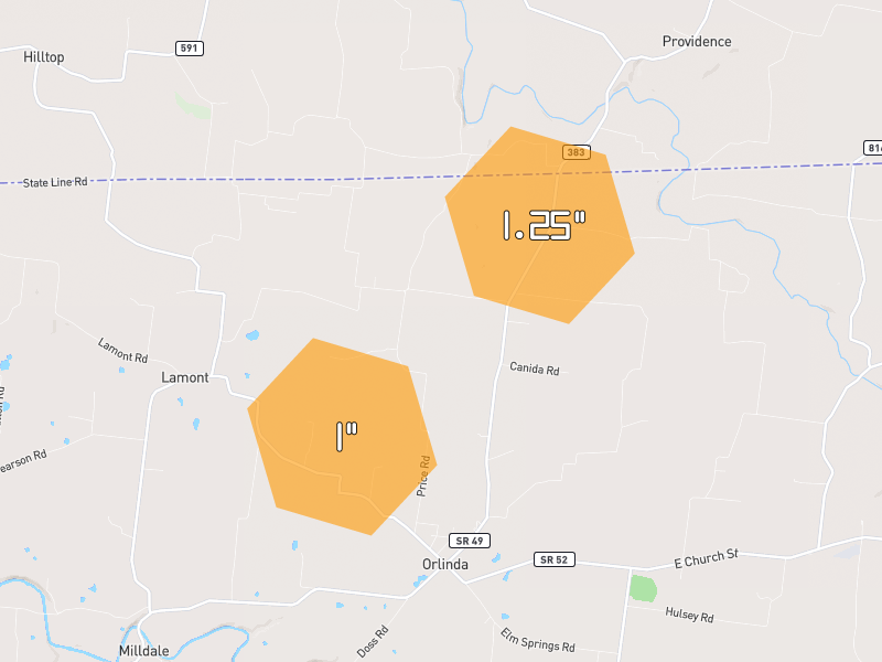 Hail map of Orlinda, TN on Jul 11, 2026, hail up to 1.25"