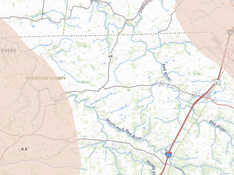 Radar-estimated hail-size map of the storm over Orlinda, TN on Jul 21, 2026