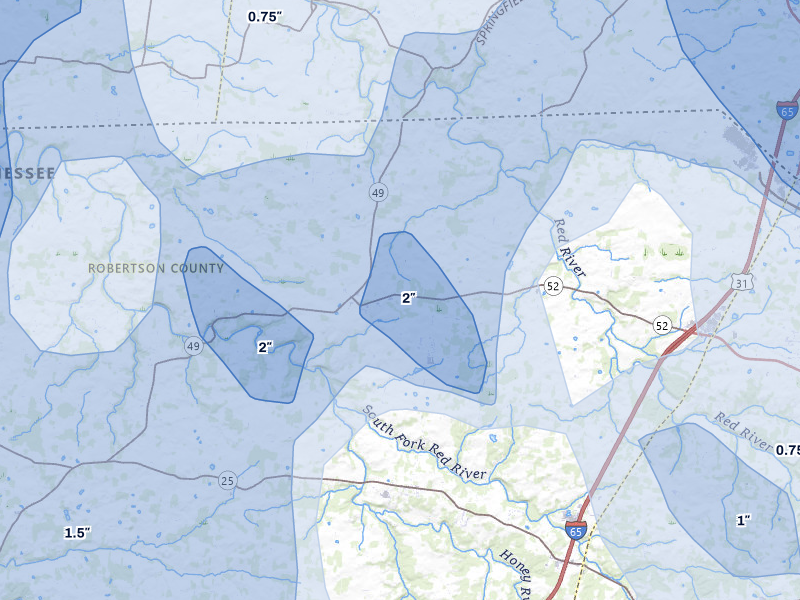 NEXRAD radar-signature map of the hail over Orlinda, TN