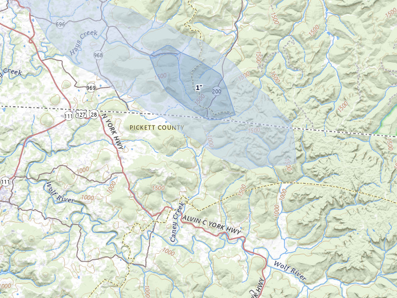 NEXRAD radar-signature map of the hail over Pall Mall, TN