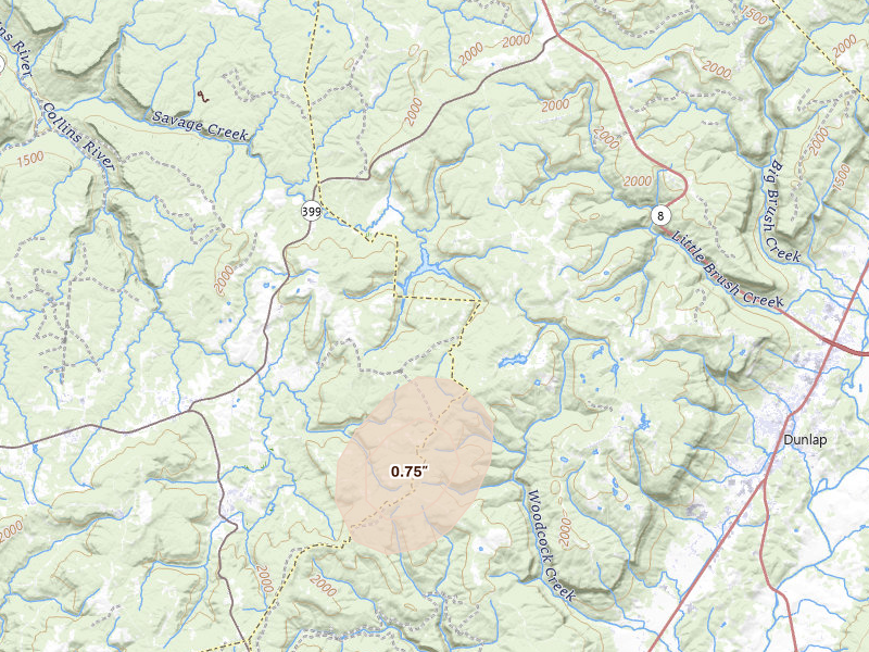 Radar-estimated hail-size map of the storm over Palmer, TN on Aug 7, 2026