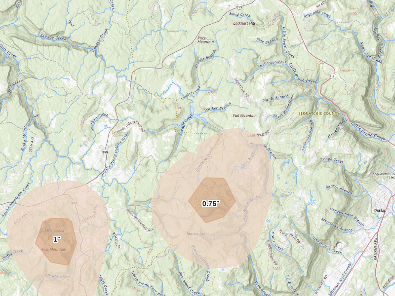 Radar-estimated hail-size map of the storm over Palmer, TN