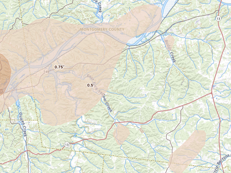 Radar-estimated hail-size map of the storm over Palmyra, TN on Apr 27, 2026