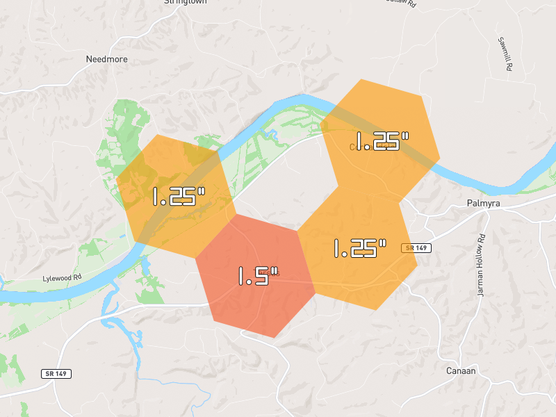 Hail map of Palmyra, TN on Jun 9, 2026, hail up to 1.5"