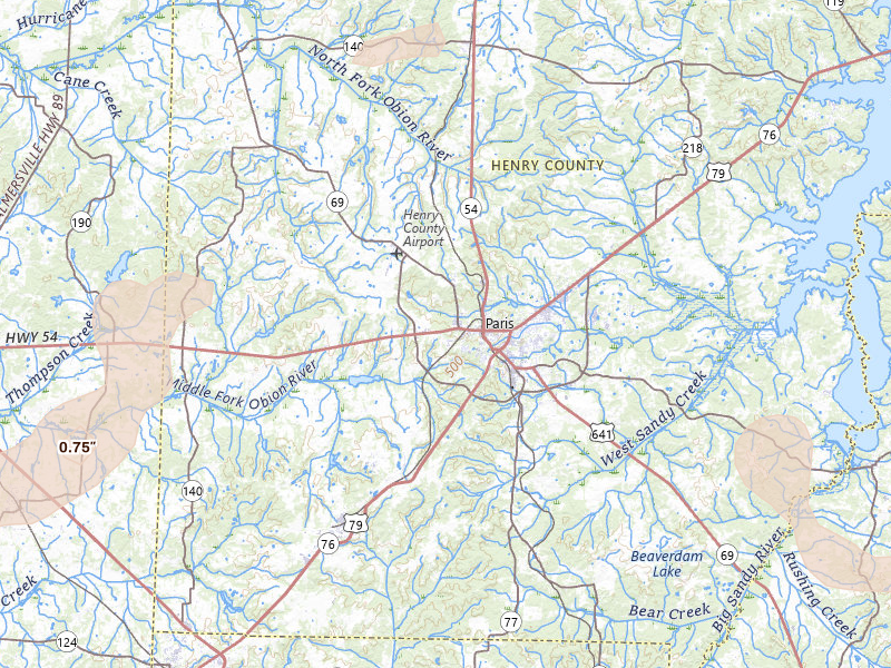 Radar-estimated hail-size map of the storm over Paris, TN on Jun 9, 2026