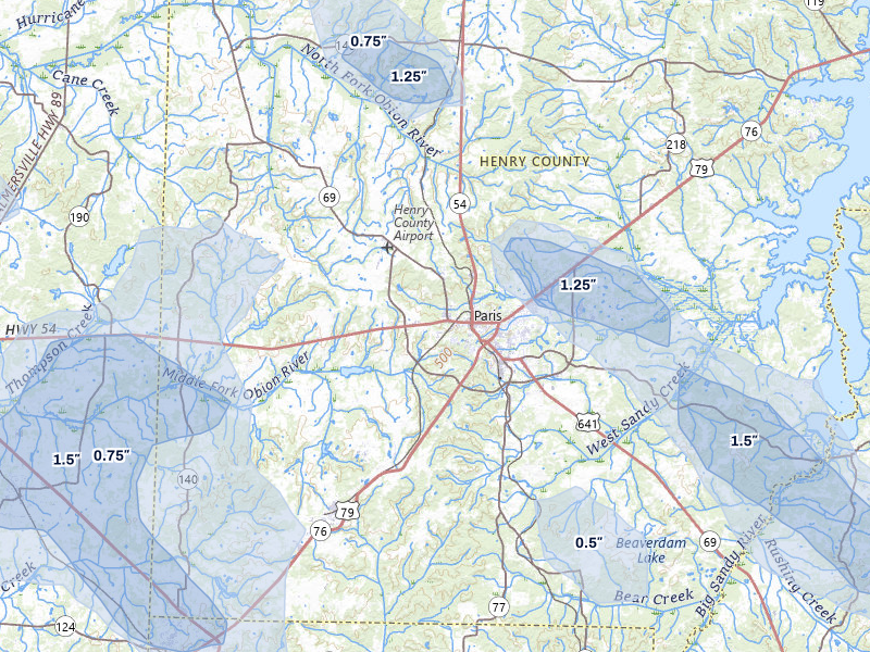 NEXRAD radar-signature map of the hail storm over Paris, TN on Jun 9, 2026