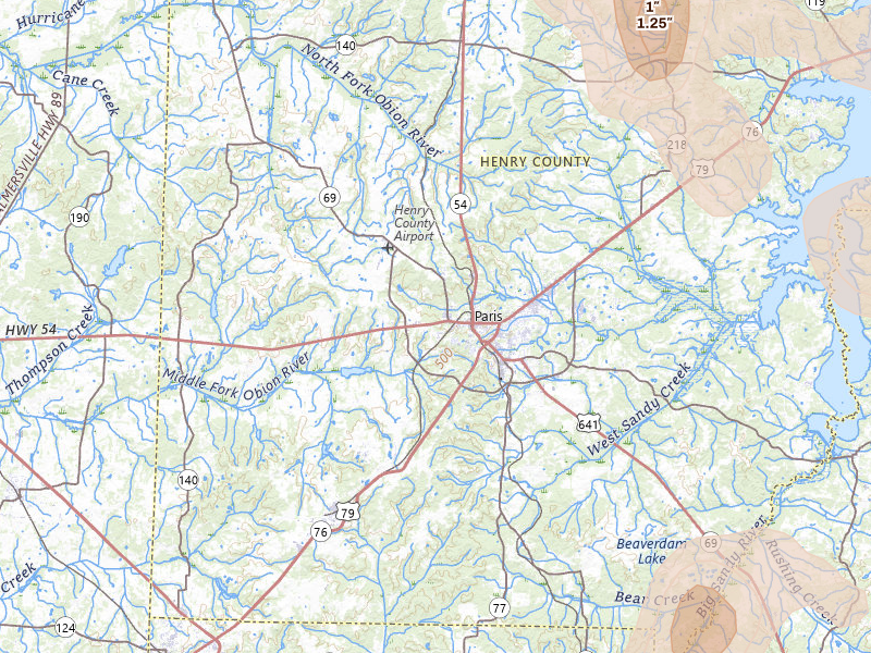 Radar-estimated hail-size map of the storm over Paris, TN on Jul 2, 2026