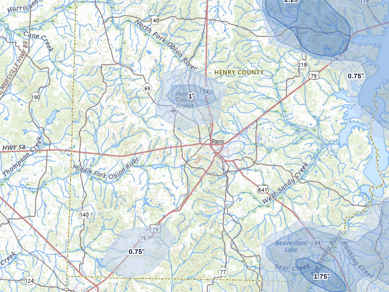 NEXRAD radar-signature map of the hail over Paris, TN