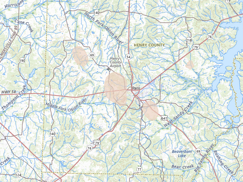 Radar-estimated hail-size map of the storm over Paris, TN on Jul 3, 2026