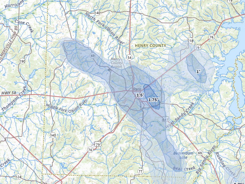 NEXRAD radar-signature map of the hail storm over Paris, TN on Jul 3, 2026