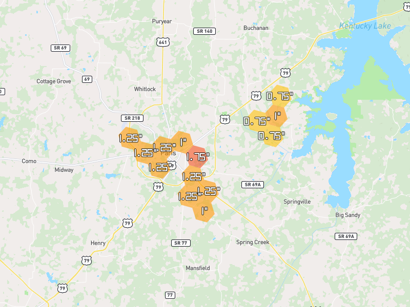 Hail map of Paris, TN on Jul 3, 2026, hail up to 1.75"