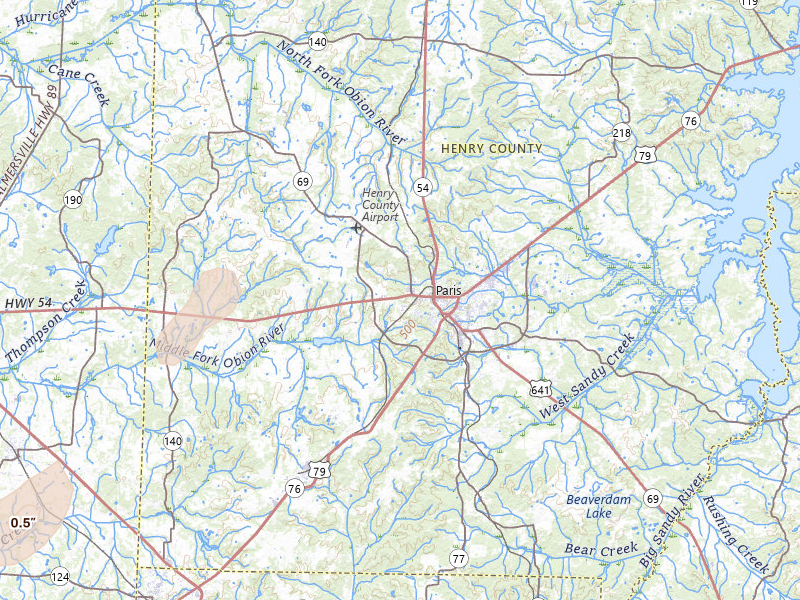 Radar-estimated hail-size map of the storm over Paris, TN on Jul 4, 2026