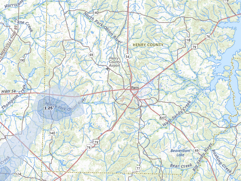 NEXRAD radar-signature map of the hail over Paris, TN