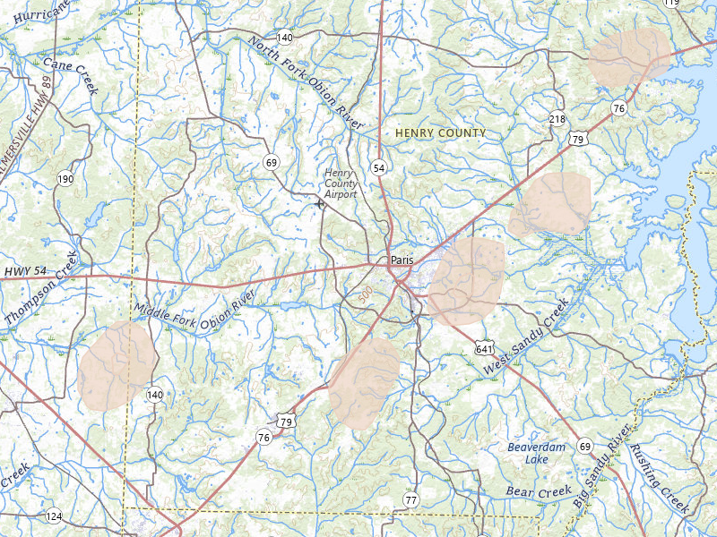 Radar-estimated hail-size map of the storm over Paris, TN on Jul 5, 2026
