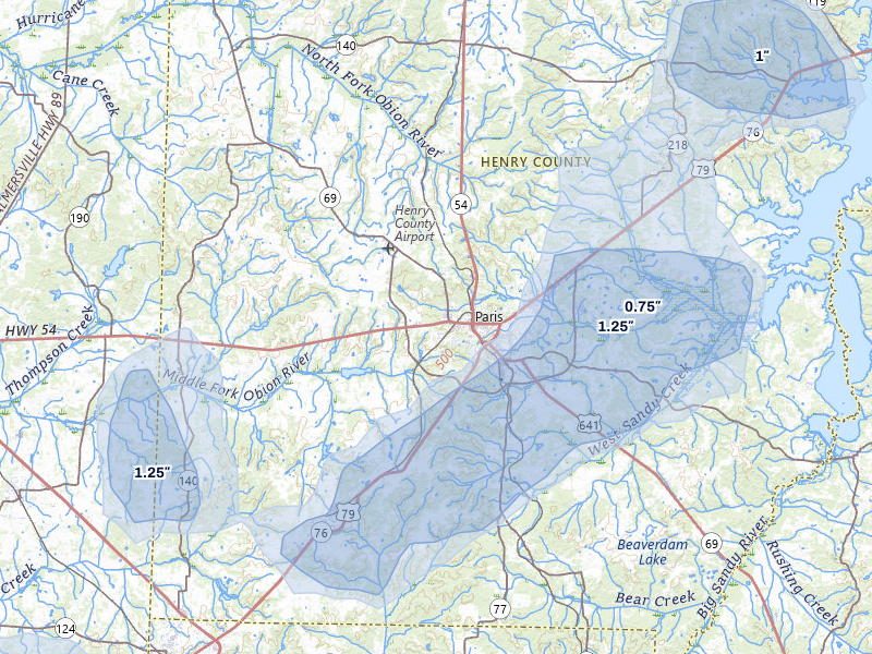 NEXRAD radar-signature map of the hail storm over Paris, TN on Jul 5, 2026