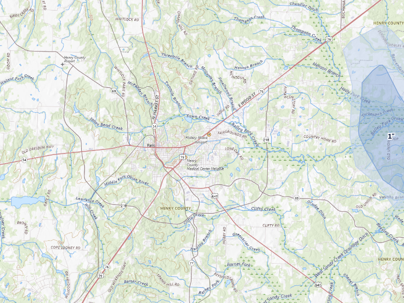 NEXRAD radar-signature map of the hail storm over Paris, TN on Aug 8, 2026
