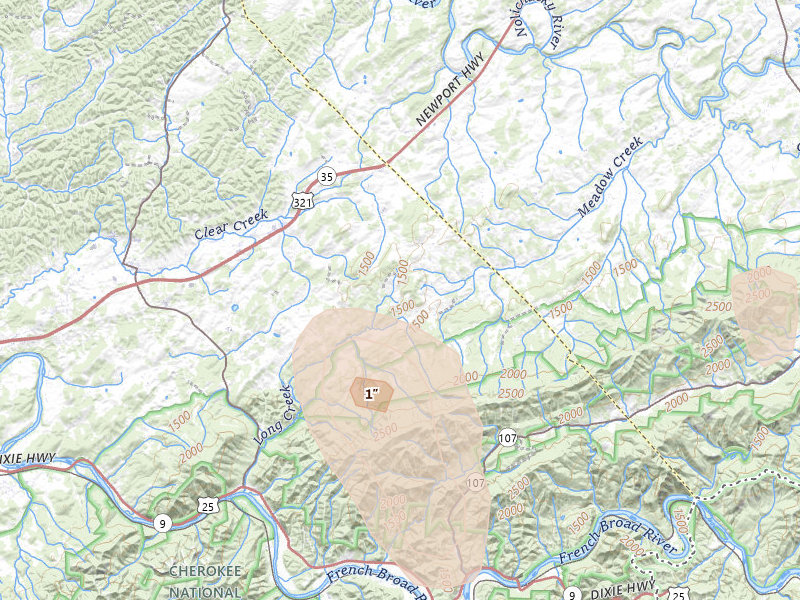 Radar-estimated hail-size map of the storm over Parrottsville, TN on Aug 4, 2026