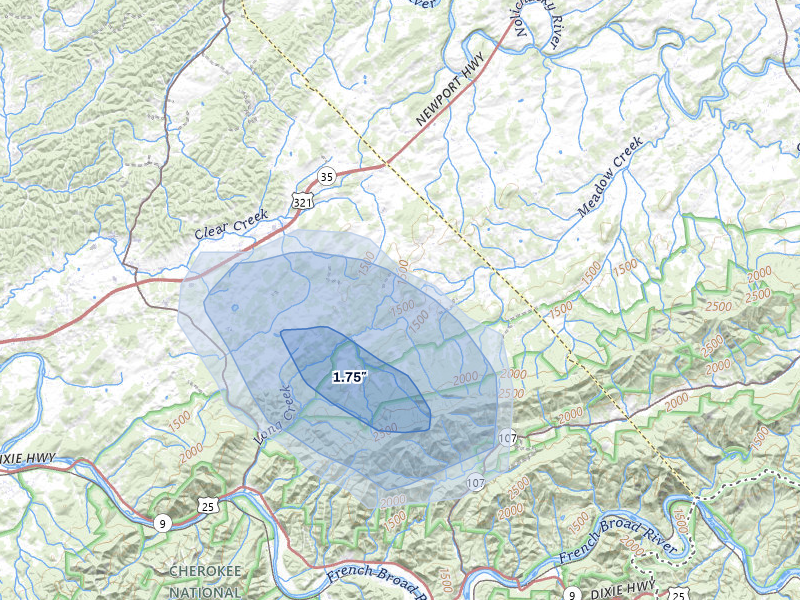 NEXRAD radar-signature map of the hail storm over Parrottsville, TN on Aug 4, 2026