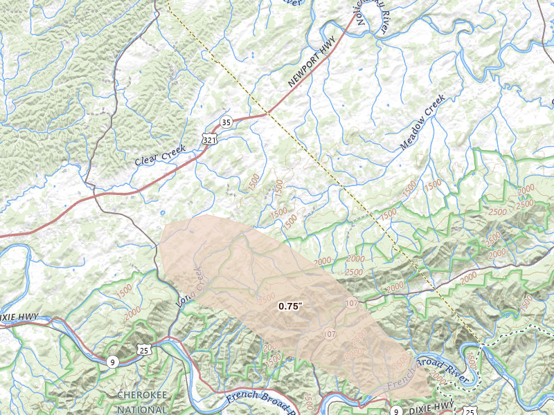 Radar-estimated hail-size map of the storm over Parrottsville, TN on Aug 22, 2026
