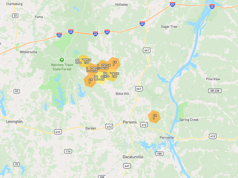Hail map of Parsons, TN on Jul 9, 2026, hail up to 1.25"