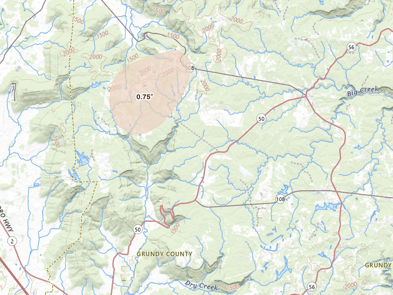 Radar-estimated hail-size map of the storm over Pelham, TN on May 19, 2026