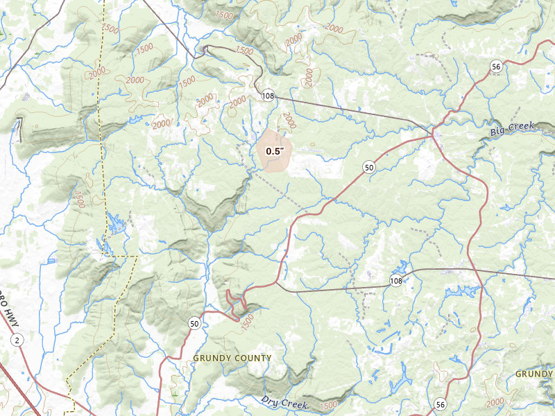 Radar-estimated hail-size map of the storm over Pelham, TN on Jun 12, 2026