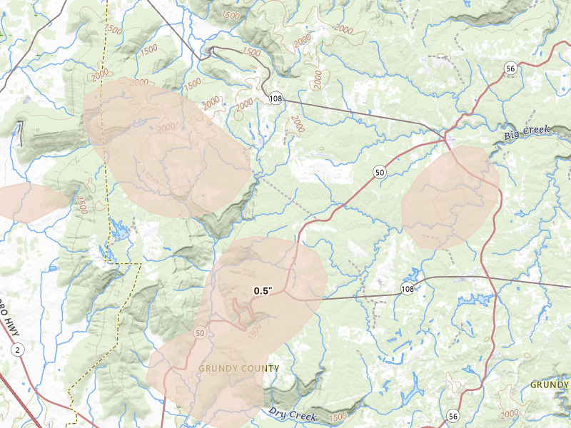 Radar-estimated hail-size map of the storm over Pelham, TN on Jul 3, 2026