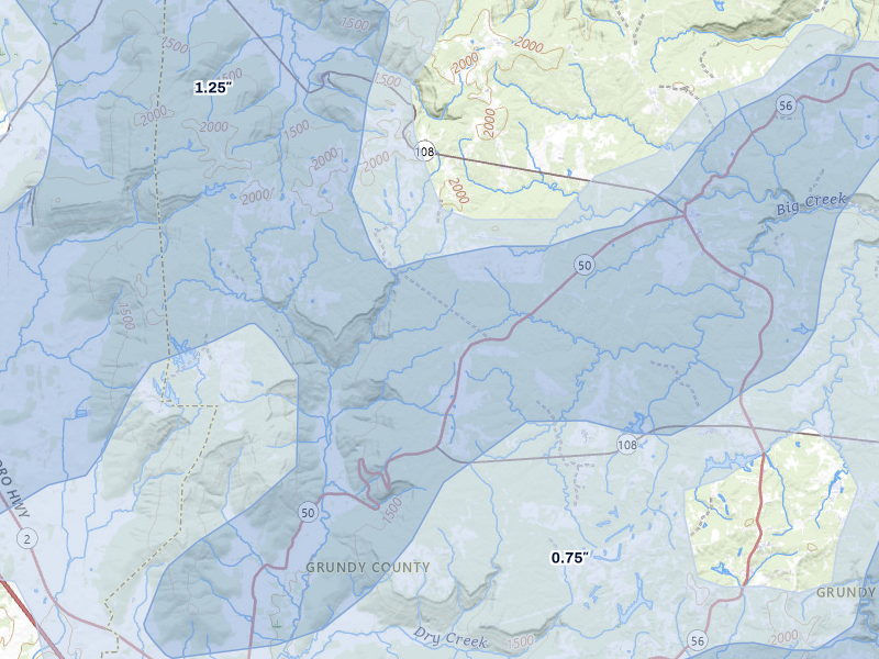 NEXRAD radar-signature map of the hail storm over Pelham, TN on Jul 3, 2026