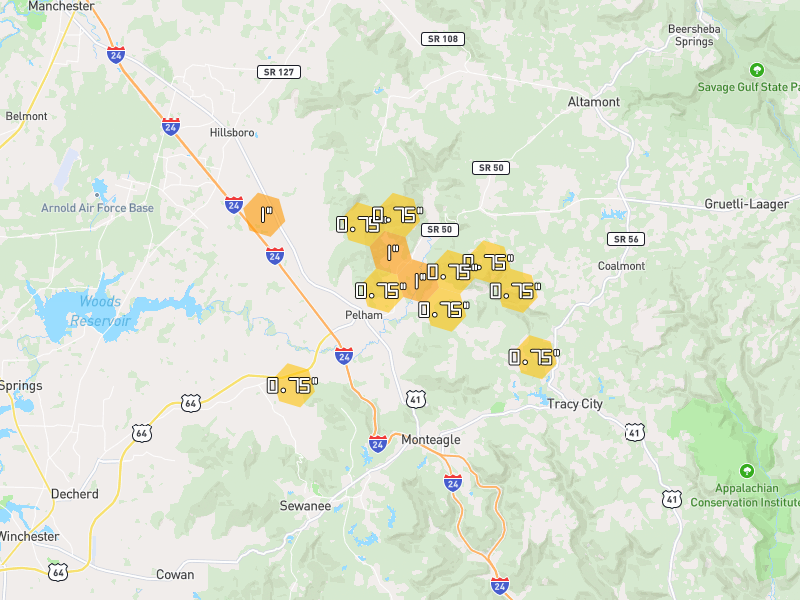 Hail map of Pelham, TN on Jul 3, 2026, hail up to 1"