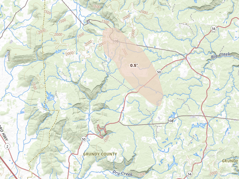Radar-estimated hail-size map of the storm over Pelham, TN on Jul 28, 2026