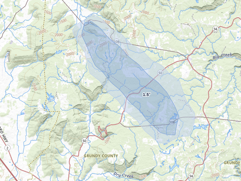 NEXRAD radar-signature map of the hail storm over Pelham, TN on Jul 28, 2026