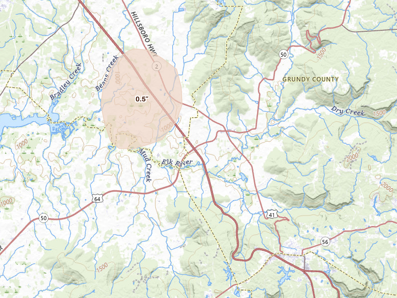 Radar-estimated hail-size map of the storm over Pelham, TN on Aug 17, 2026