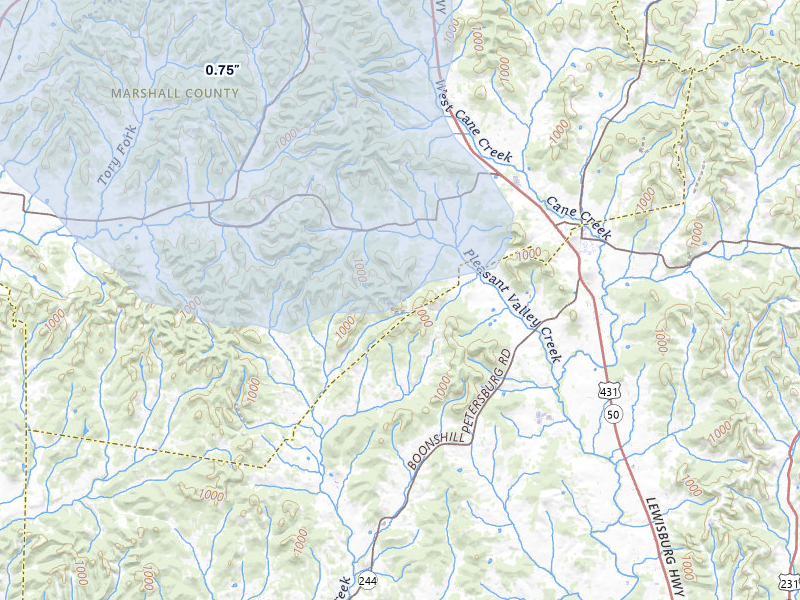 NEXRAD radar-signature map of the hail over Petersburg, TN