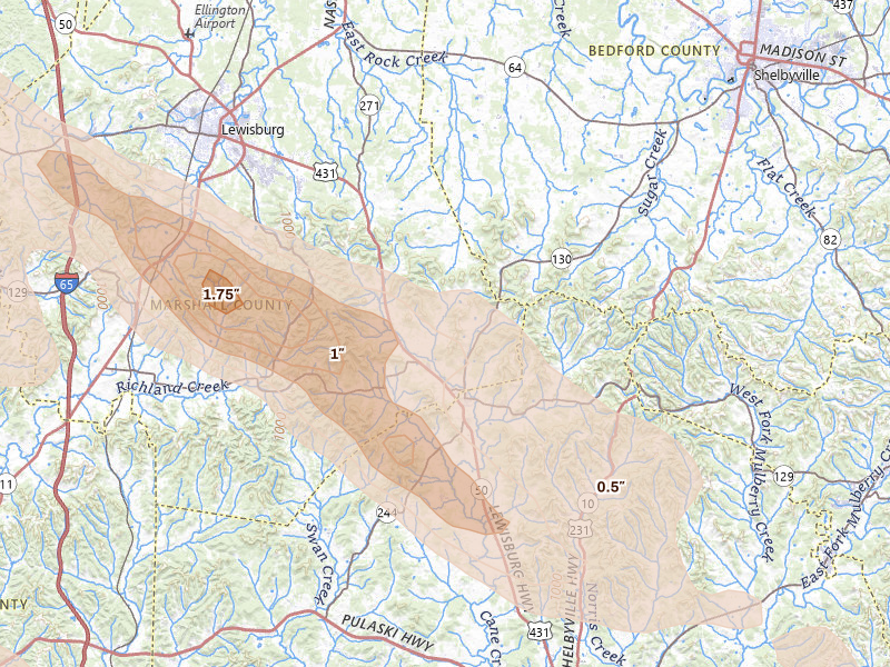 Radar-estimated hail-size map of the storm over Petersburg, TN on Jun 1, 2026