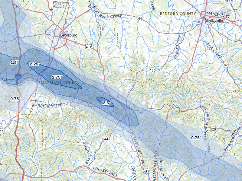 NEXRAD radar-signature map of the hail storm over Petersburg, TN on Jun 1, 2026