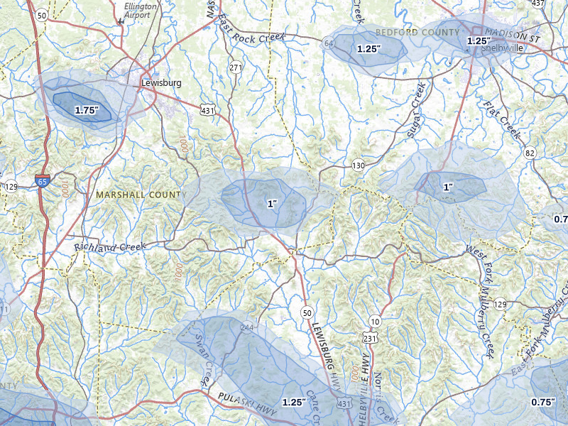 NEXRAD radar-signature map of the hail storm over Petersburg, TN on Jul 3, 2026