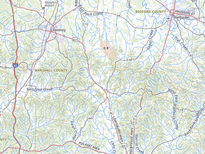Radar-estimated hail-size map of the storm over Petersburg, TN on Jul 28, 2026