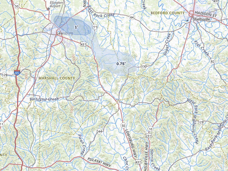 NEXRAD radar-signature map of the hail storm over Petersburg, TN on Jul 28, 2026