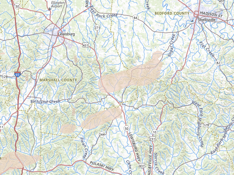 Radar-estimated hail-size map of the storm over Petersburg, TN on Aug 20, 2026