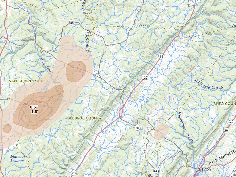 Radar-estimated hail-size map of the storm over Pikeville, TN on Jul 3, 2026