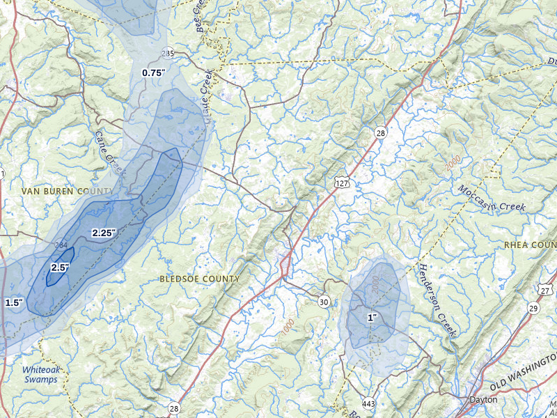 NEXRAD radar-signature map of the hail over Pikeville, TN