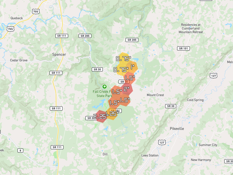 Hail map of Pikeville, TN on Jul 3, 2026, hail up to 2.25"
