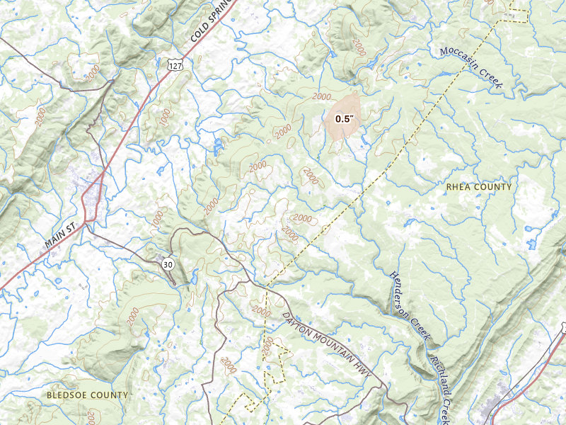 Radar-estimated hail-size map of the storm over Pikeville, TN on Aug 6, 2026